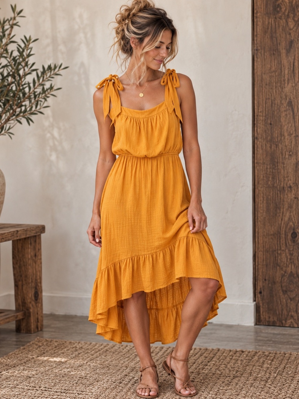 Mustard Yellow Boho High Low Ruffle Midi Dress